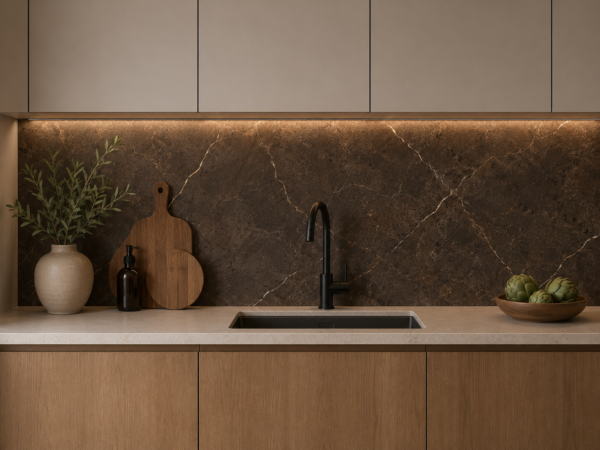 Roca Donkerbruin marmer wandpaneel in keuken Roca Donkerbruin marmer wandpaneel in keuken